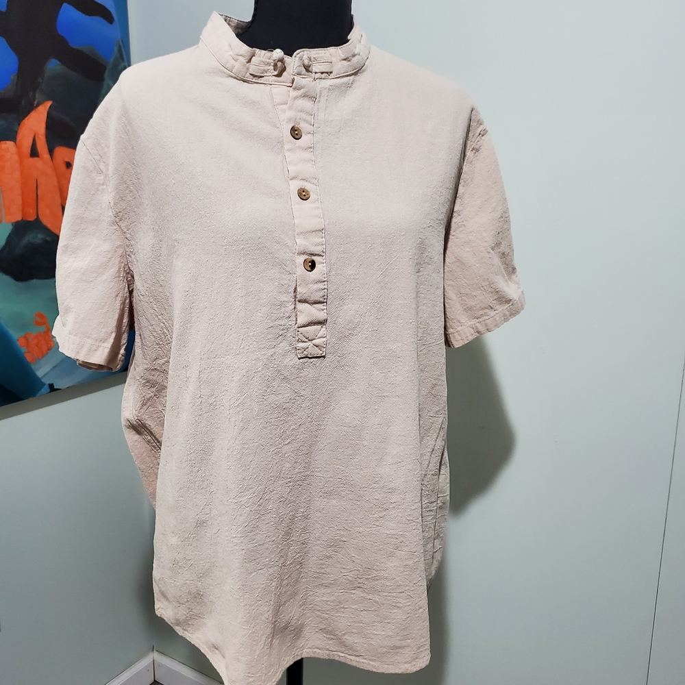 Men’s Beige Linen Short Sleeve Henley Shirt Band Collar Lightweight Summer Casua